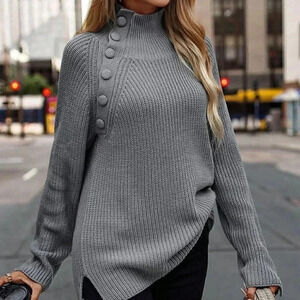 Dark Grey Casual womens Mock Neck Raglan Sleeve Button Detail Sweater